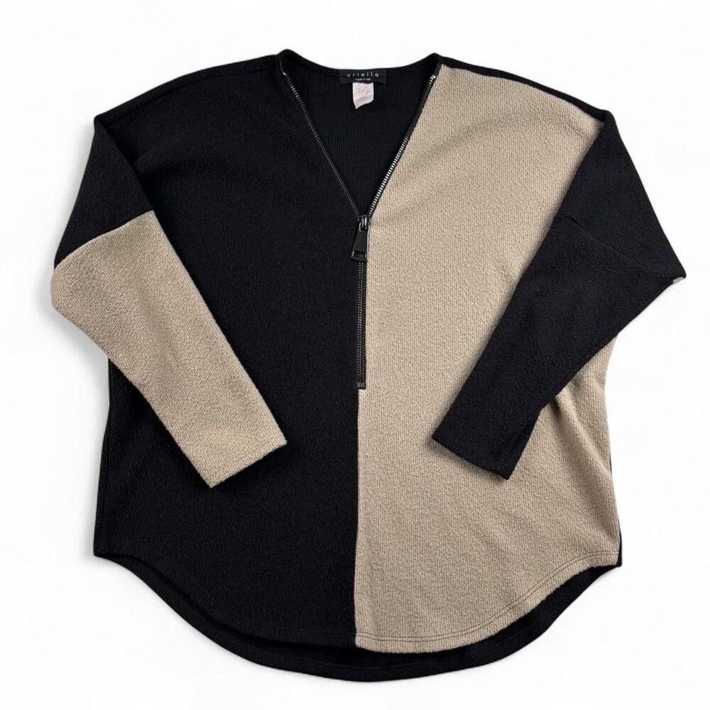 Ariella Colorblock Sweater Women’s Medium Black Tan Zip Up Knit Modern Top